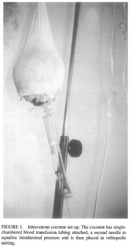 The intravenous use of coconut water. Campbell-Falck D et al. ( Am J Emerg Med 18 (1): 108–11, 2000).